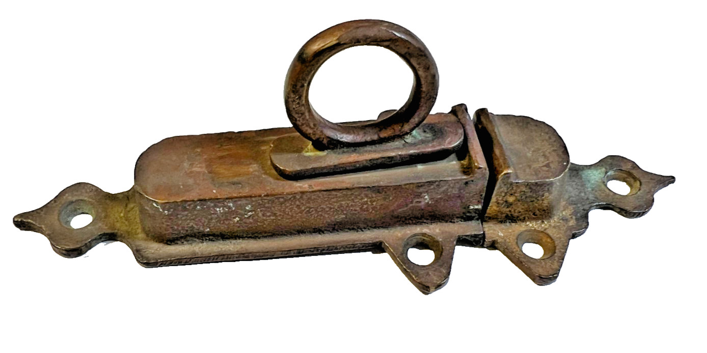 Antique Brass Spring Bolt Door Cabinet Latch Ring Pull Original Catch Victorian