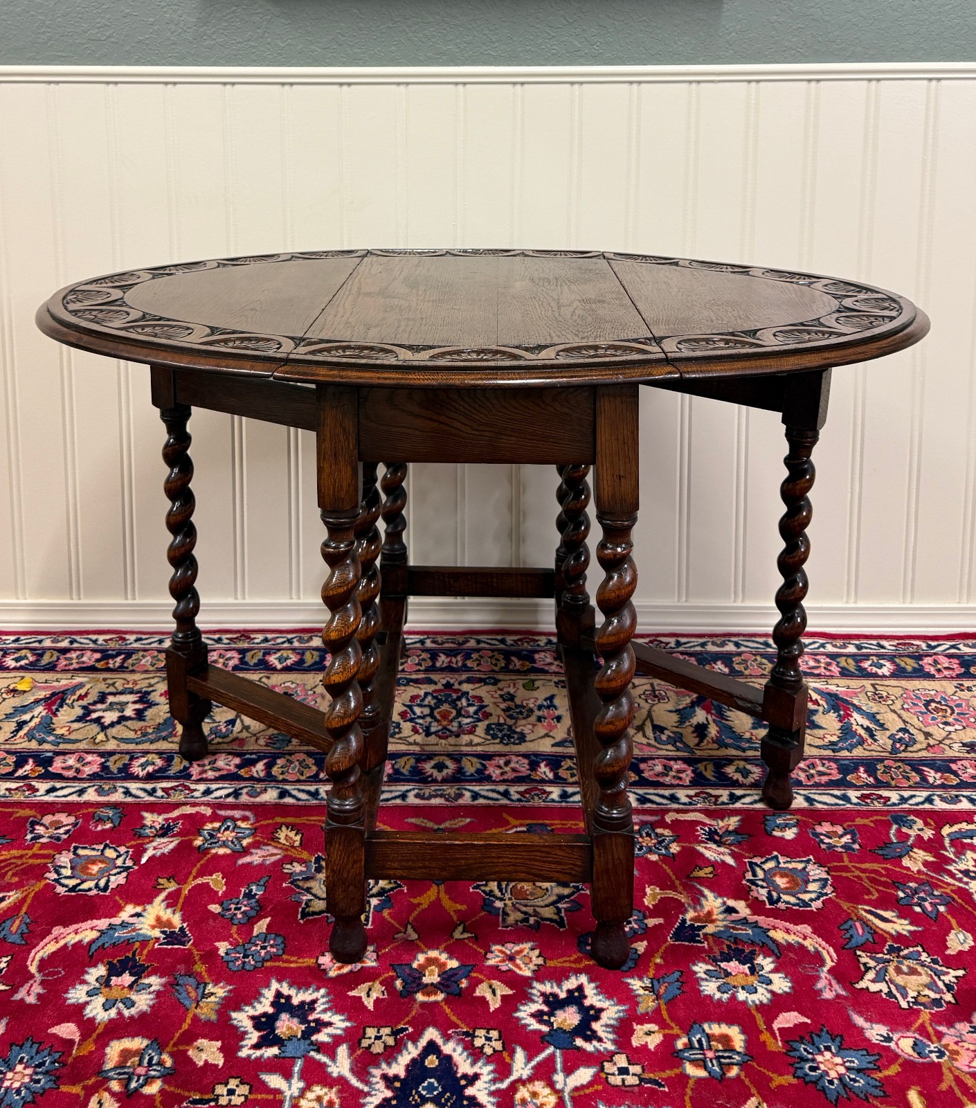 Antique English Table Drop Leaf Gateleg CARVED TOP Barley Twist Oak c. 1920-30s