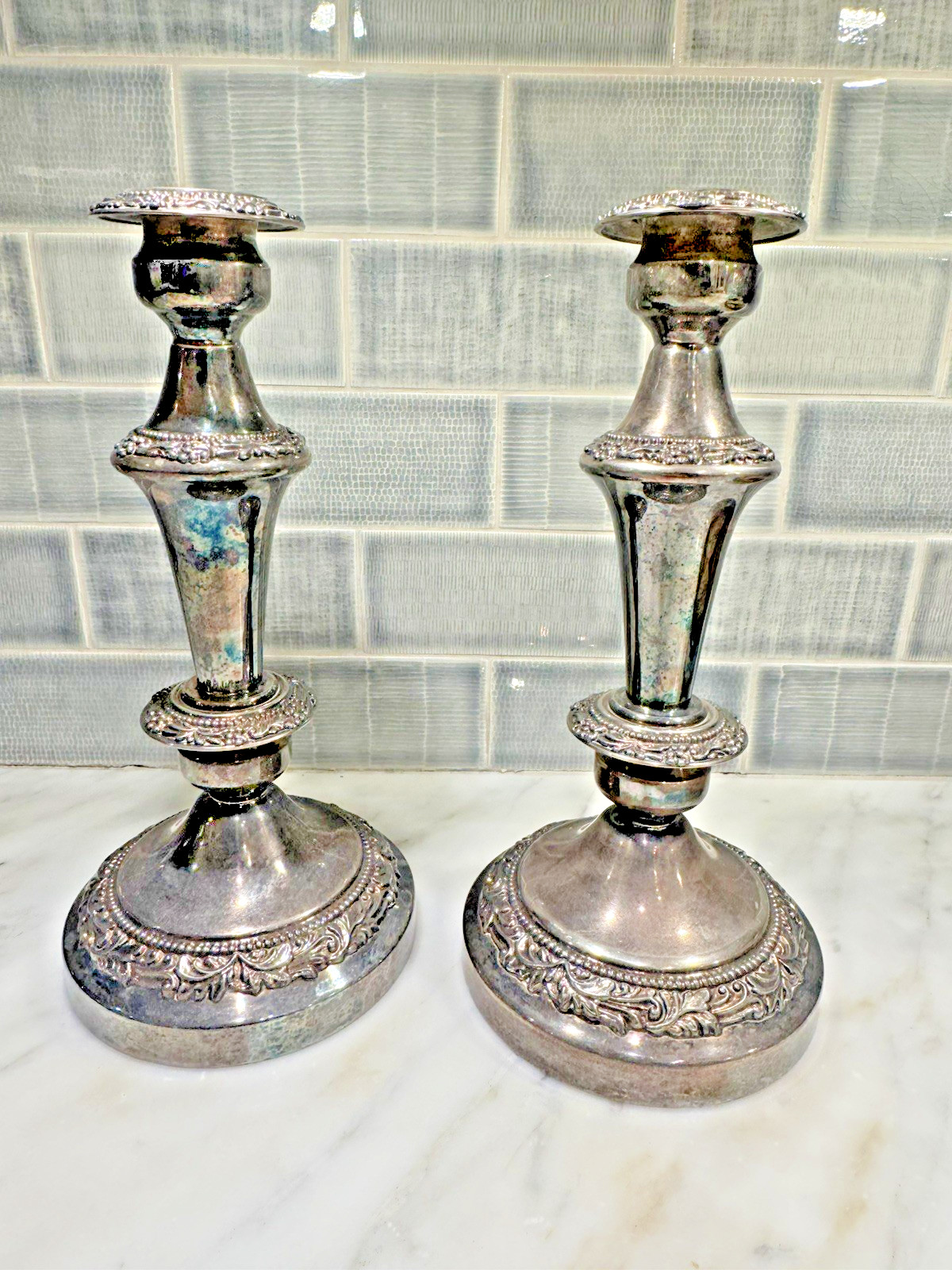 Goldfeder Silver Plated Convertible 3 Arm Candelabras Set – 1944 Antique – 18″