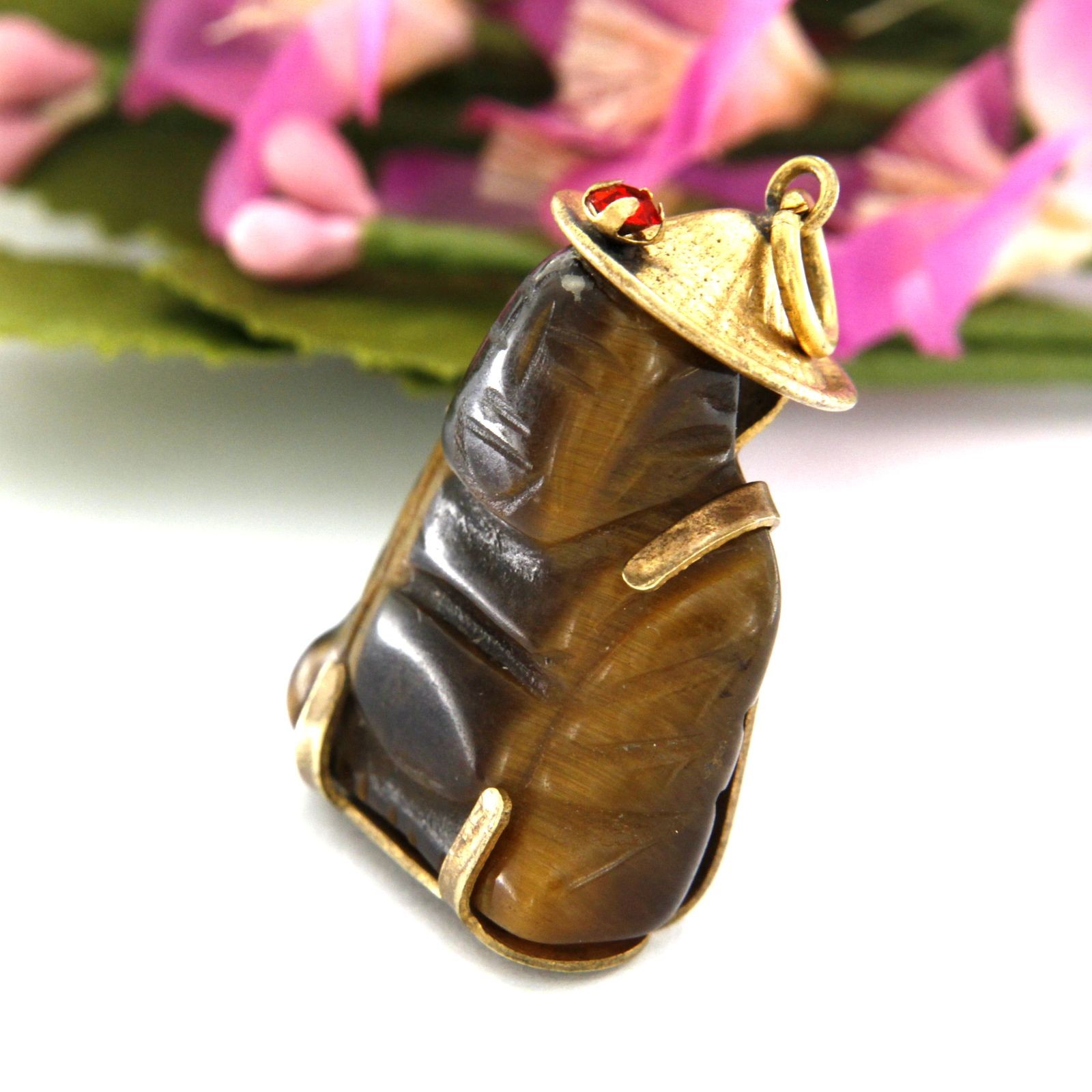 Carved Tiger Eye Stone Chinese Asian Buddha Buddah Vintage Estate Pendant Amulet