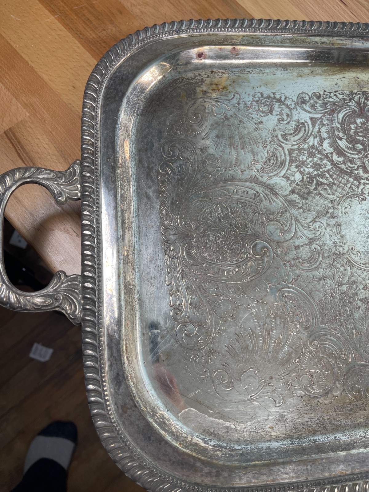 Antique Silver on Copper Serving Tray Ornate Engraved Handles Patina