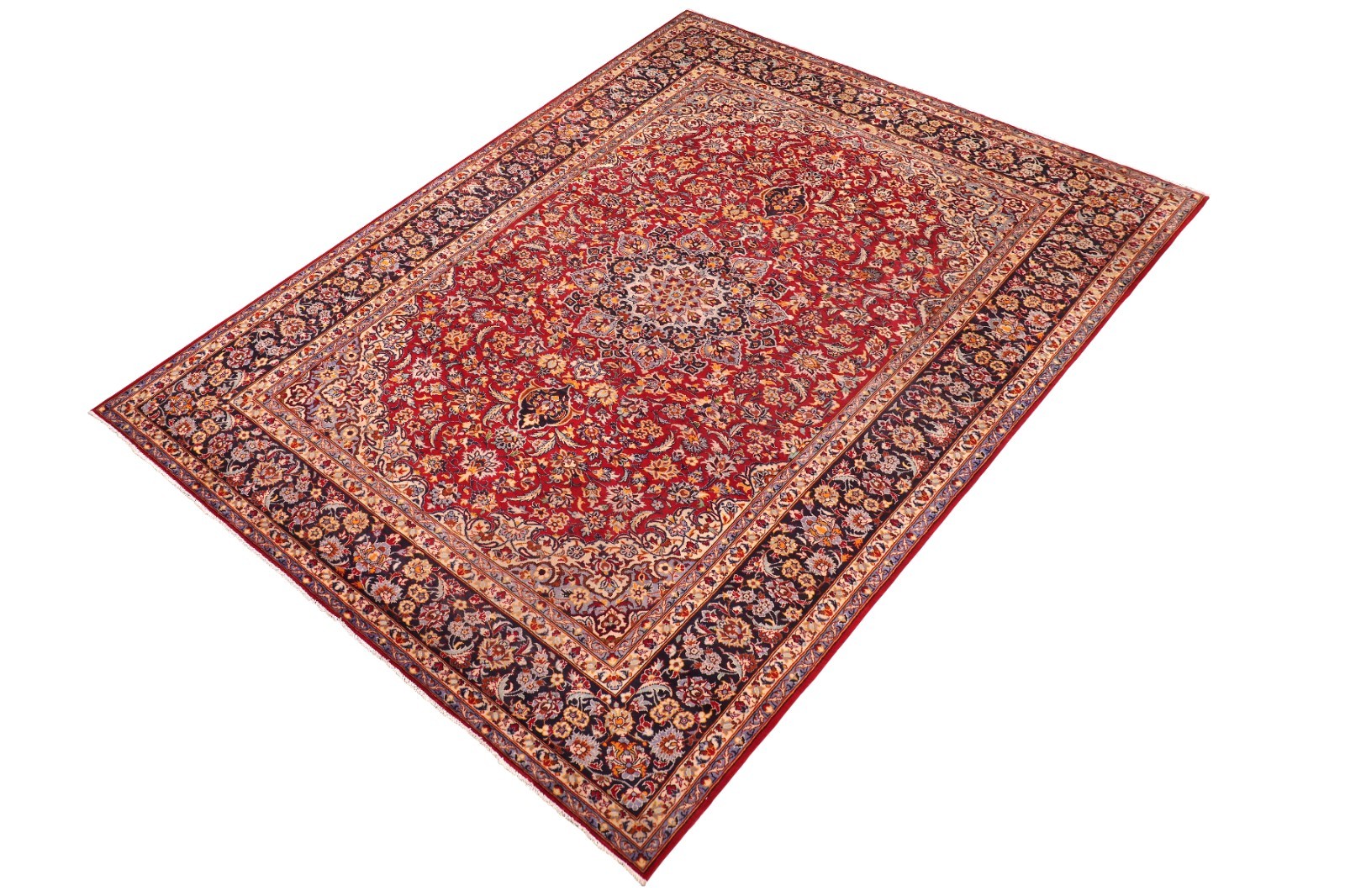 Grand Hand-Knotted Wool Area Rug – Red, Navy, and Floral Medallion 9’9″ x 12’0″