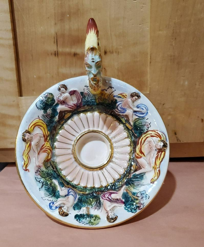 Capodimonte Candle Holder Ceramic Handled/Pedastal Cherubs Vtg Signed ITALY