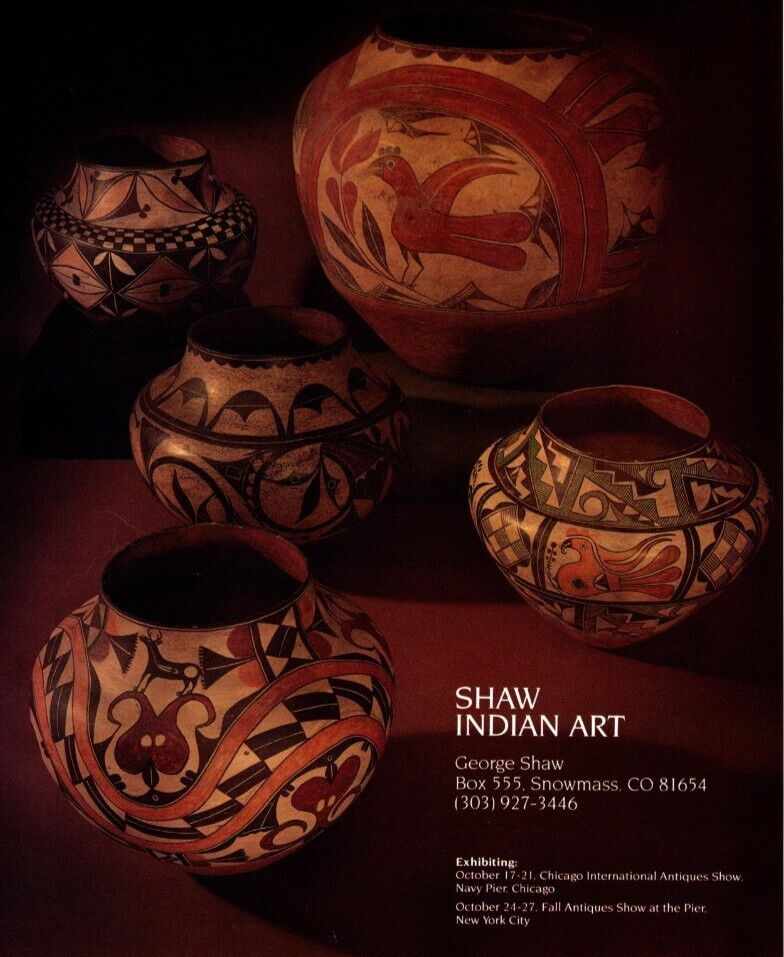 1985 AMERICAN INDIAN HOPI POTTERY EXHIBIT PRINT AD GEORGE SHAW, GALLERY PRINT AD