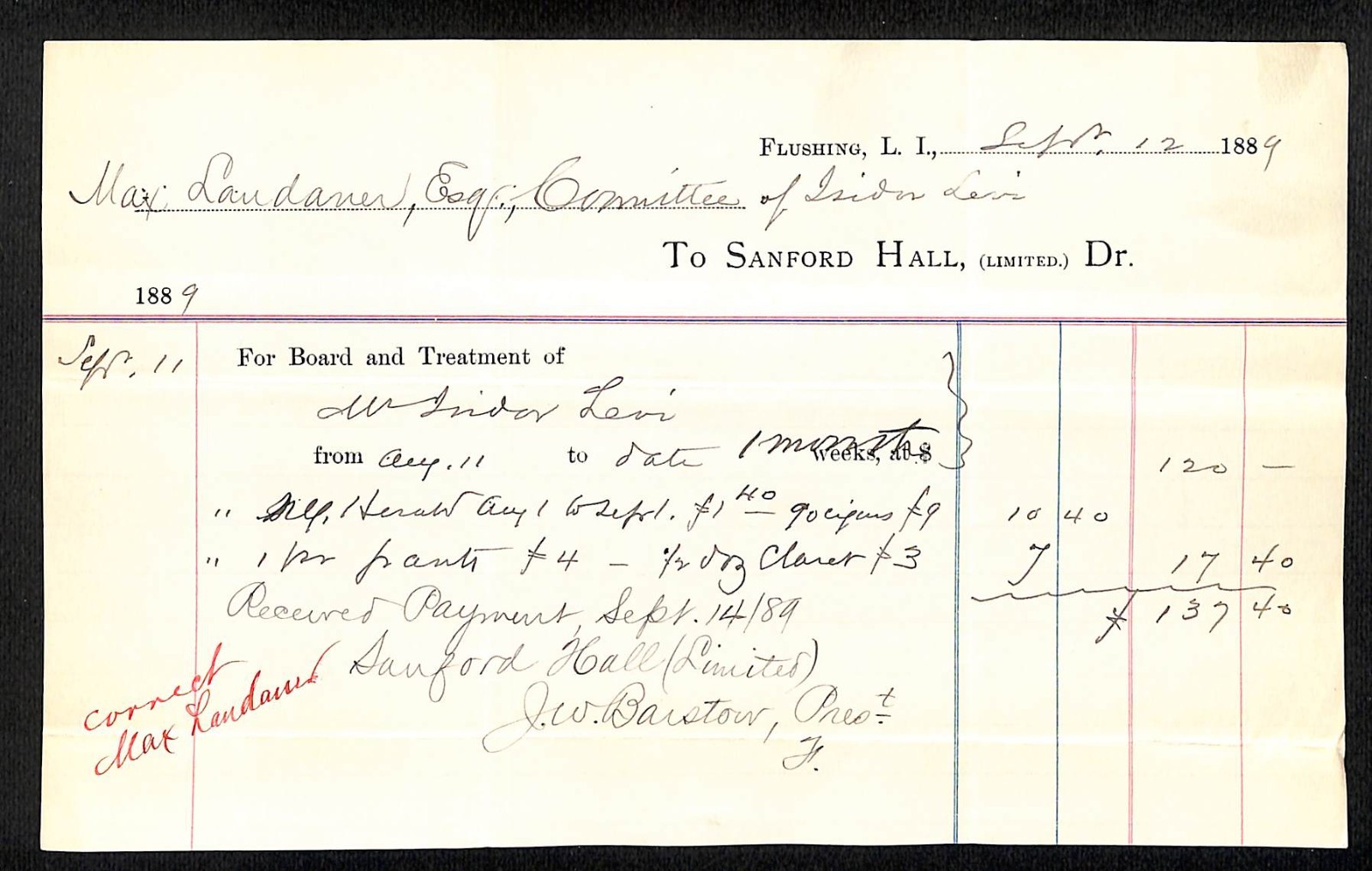 1889 Sanford Hall (Sanitarium) Flushing Queens Medical Treatment Billhead (#34)