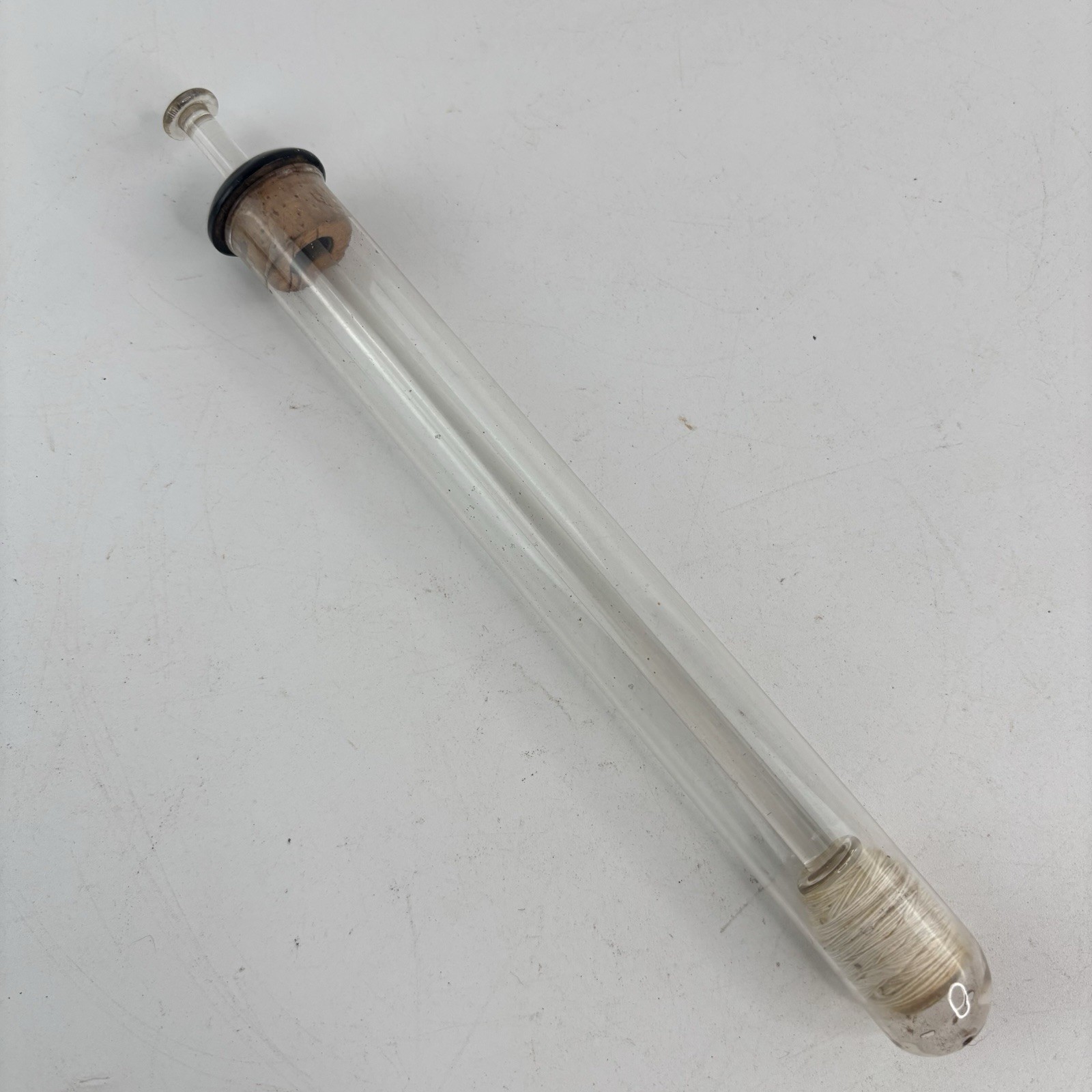 1880’s Glass Medical Syringe with Glass Cork Plunger & Cotton Twine Gonorrhea VD