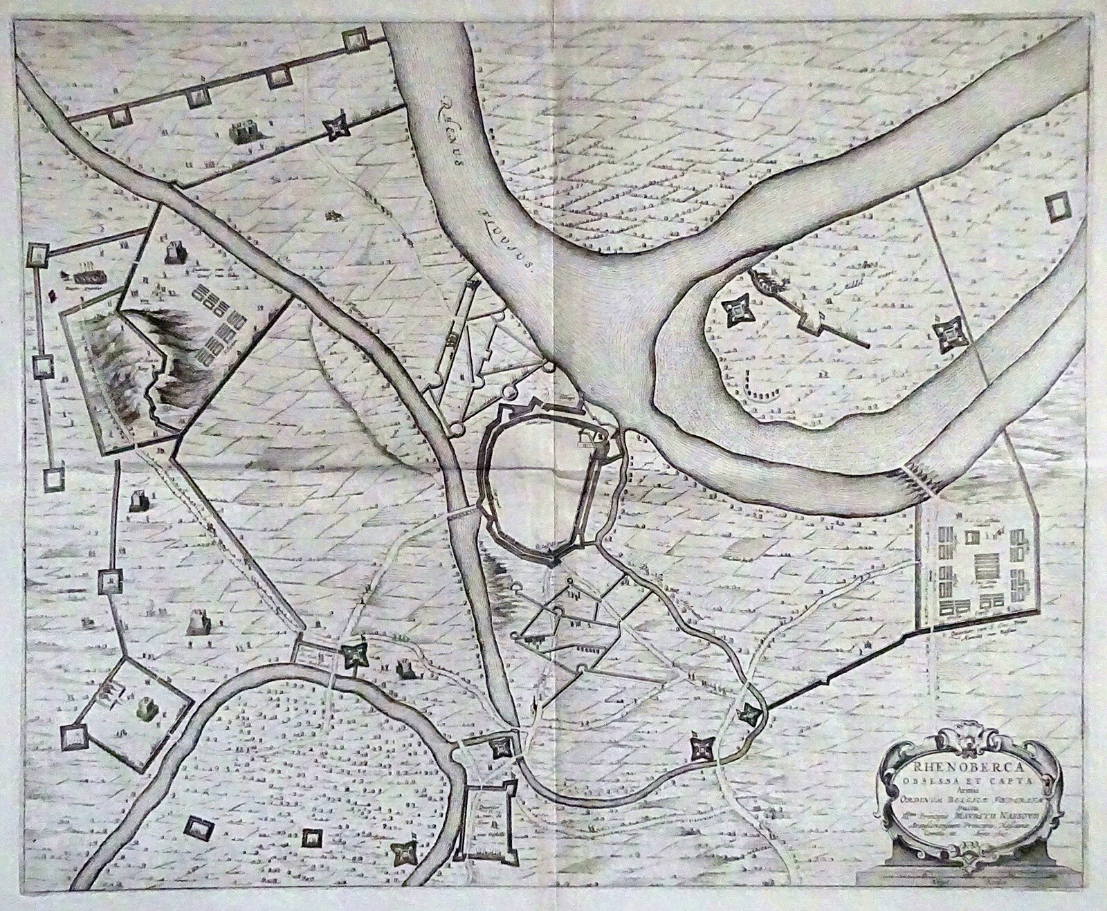 1601 Map of the Siege of Rheinberg, Rhenoberca, by Willem Janszoon Blaeu