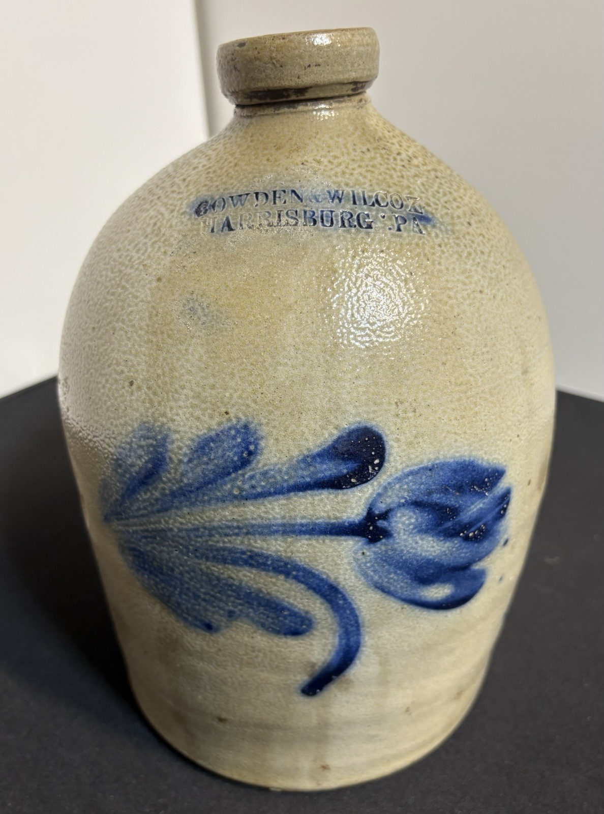 Cowden & Wilcox Harrisburg PA Stoneware Blue Cobalt “Tulip” Salt Glazed Jug
