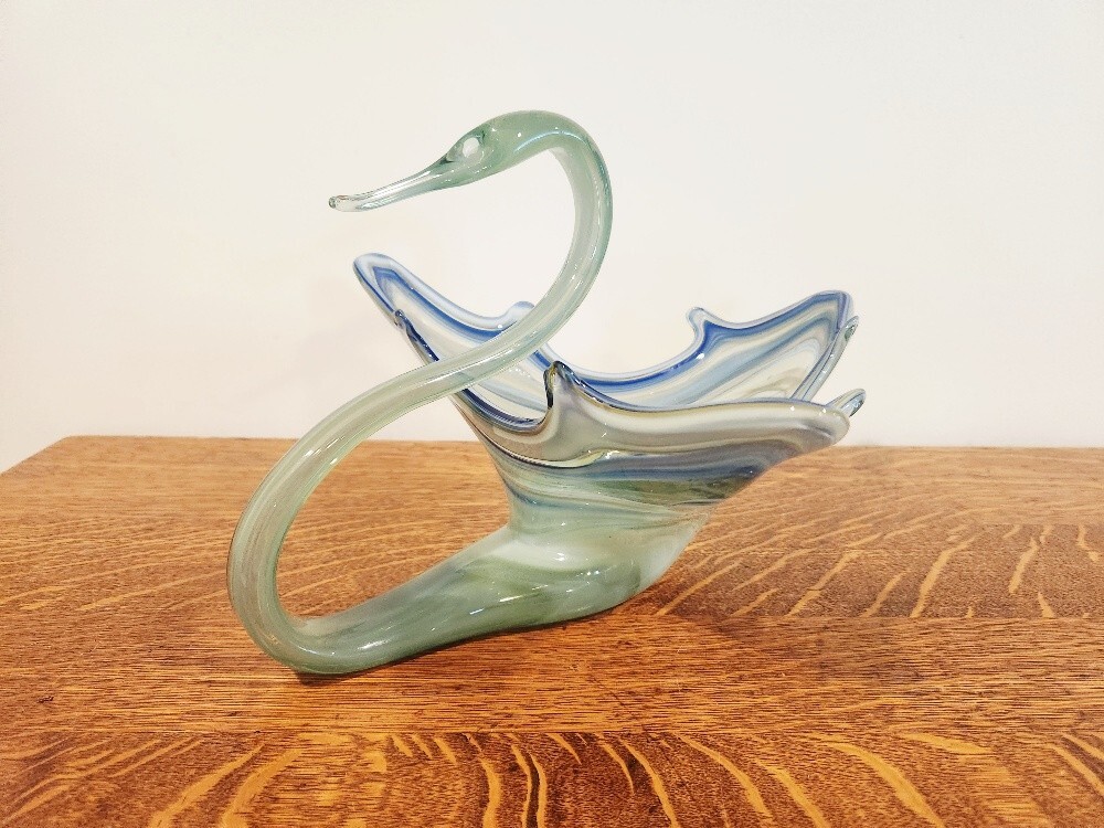 Vintage Sooner Glass Swan Centerpiece, Cobalt Blue Swirl Sooner Glass Swan