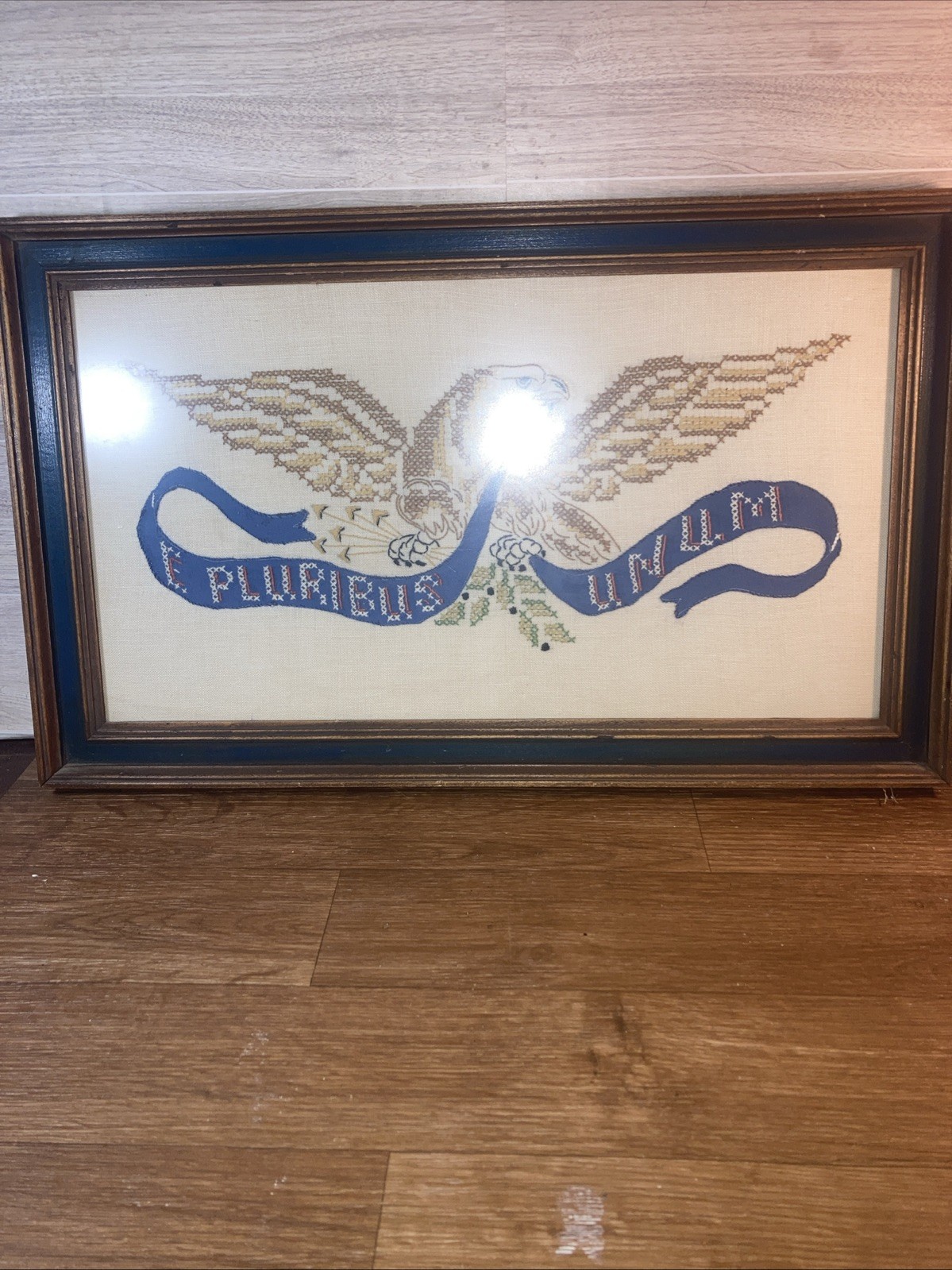E PLURIBUS Unum cross stitch Needlepoint Antique WOOD frame EAGLE USA
