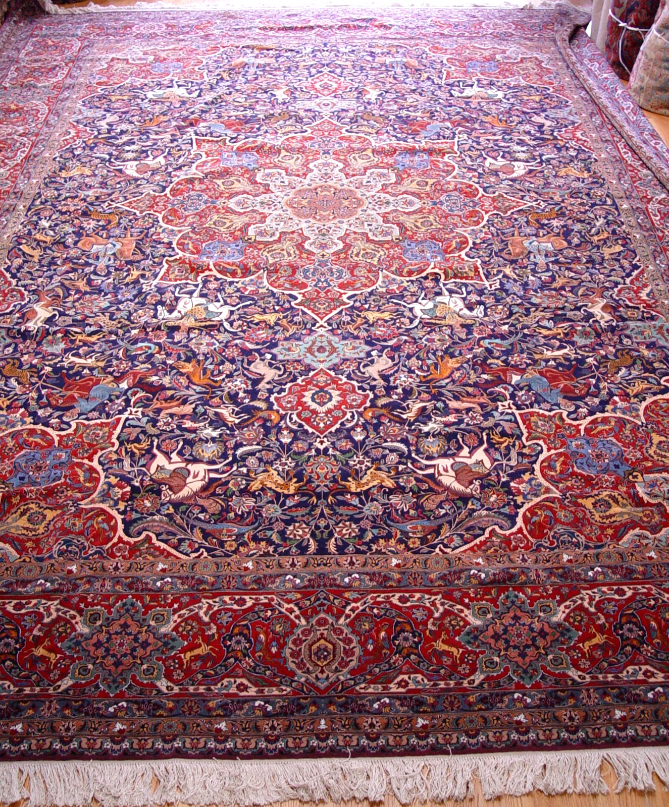 Phenomenal Tab riz Hunting Scene Handmade Wool Silk Pictorial Rug 11’3″ x 16’7″