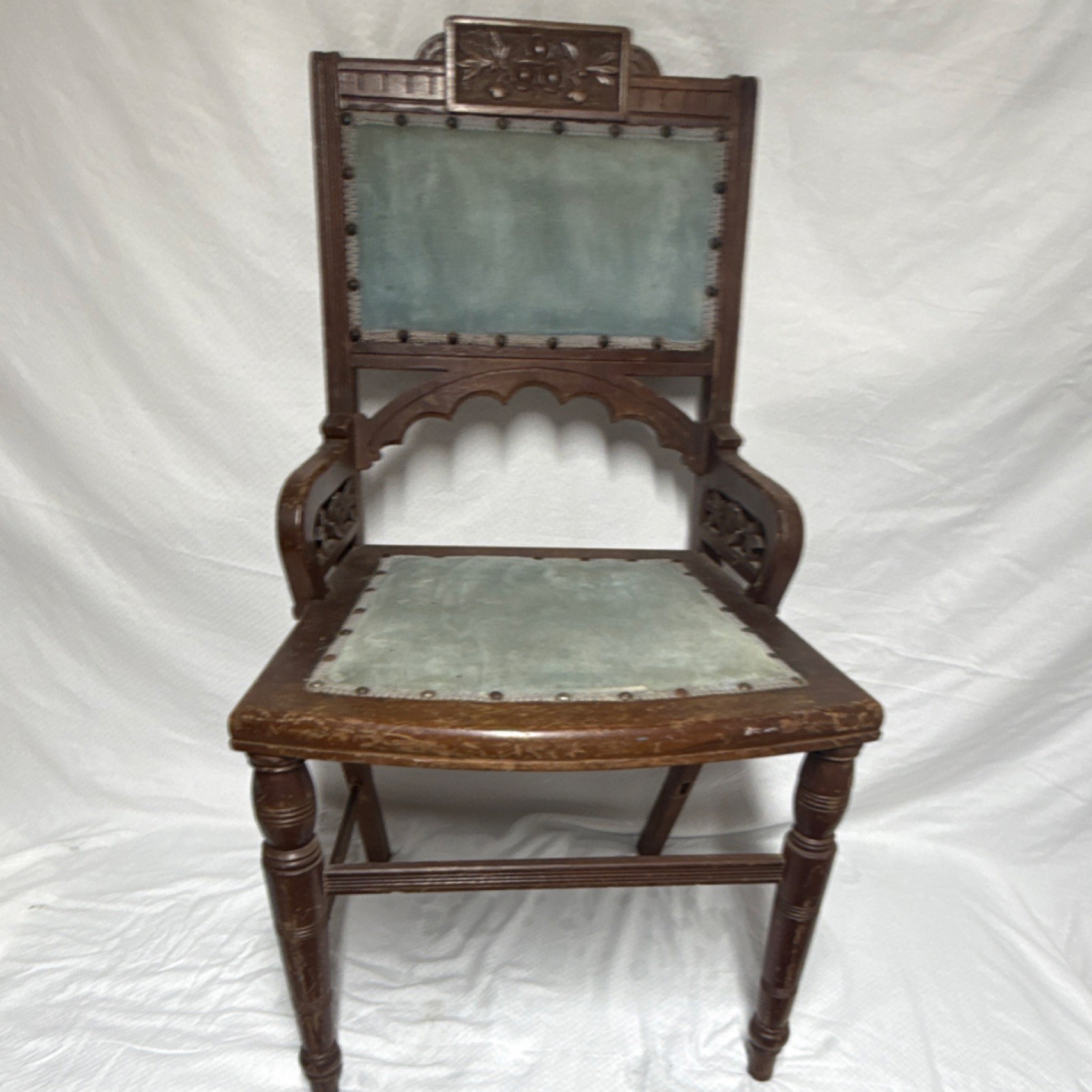 Victorian Antique Carved Wood Chair with Armrests & Light Blue Upholstery