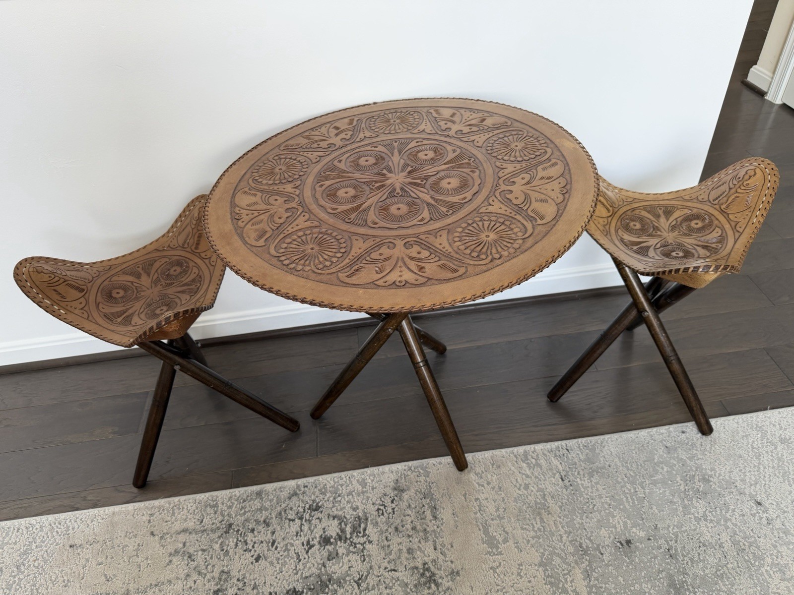 Antique Handcrafted Folding Wood Leather Triangle Stools and a Table. Excellent!