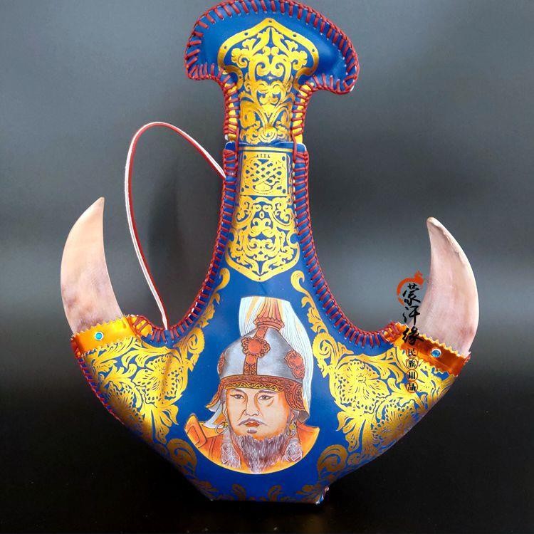 Mongolian Leather Wine Flask Ornament Handmade Craft Souvenir Home Decoration