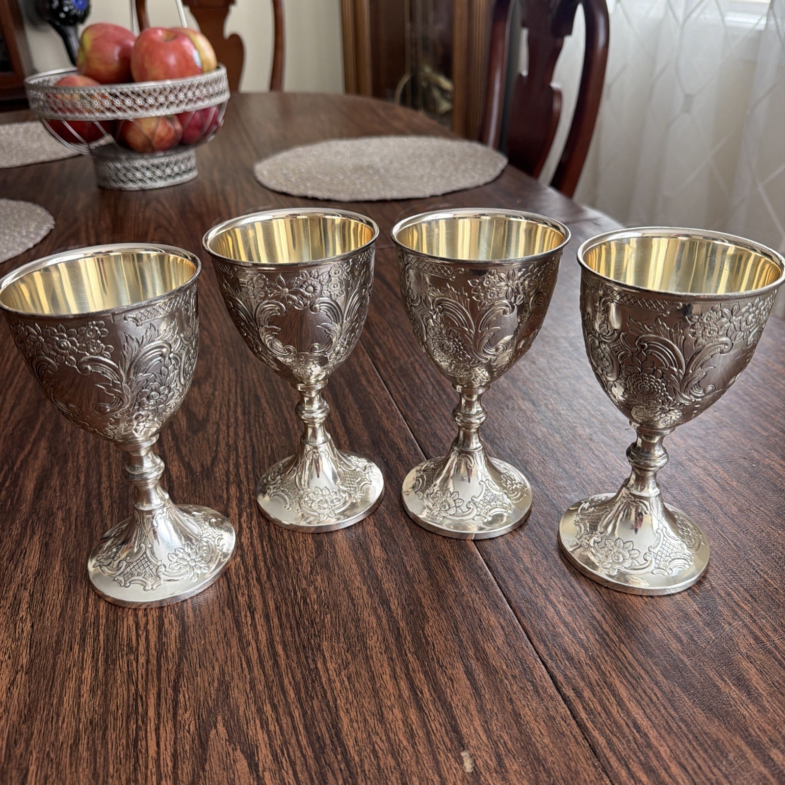 4 Vintage Silverplate Goblets Ornate Embossed Design Tarnish Protected Japan