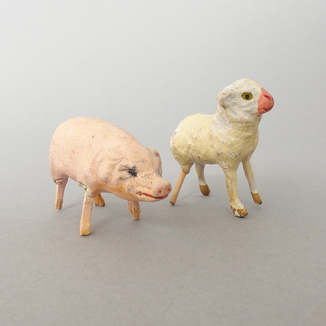 Antique GERMANY Putz STICK LEG Pig NATIVITY STABLE Toy COMPOSITION Sheep Lot