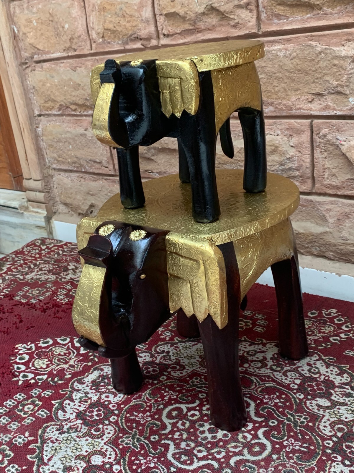 Wooden Hand Carved Elephant Stool Antique Finish Brass Furniture Stool Bench Set