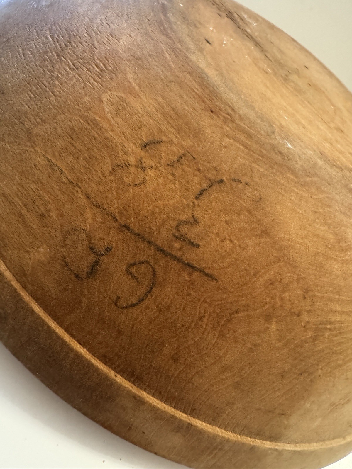 Antique Signed by Artisan Early Turned Wooden Dough Bowl with Lip Out of Round