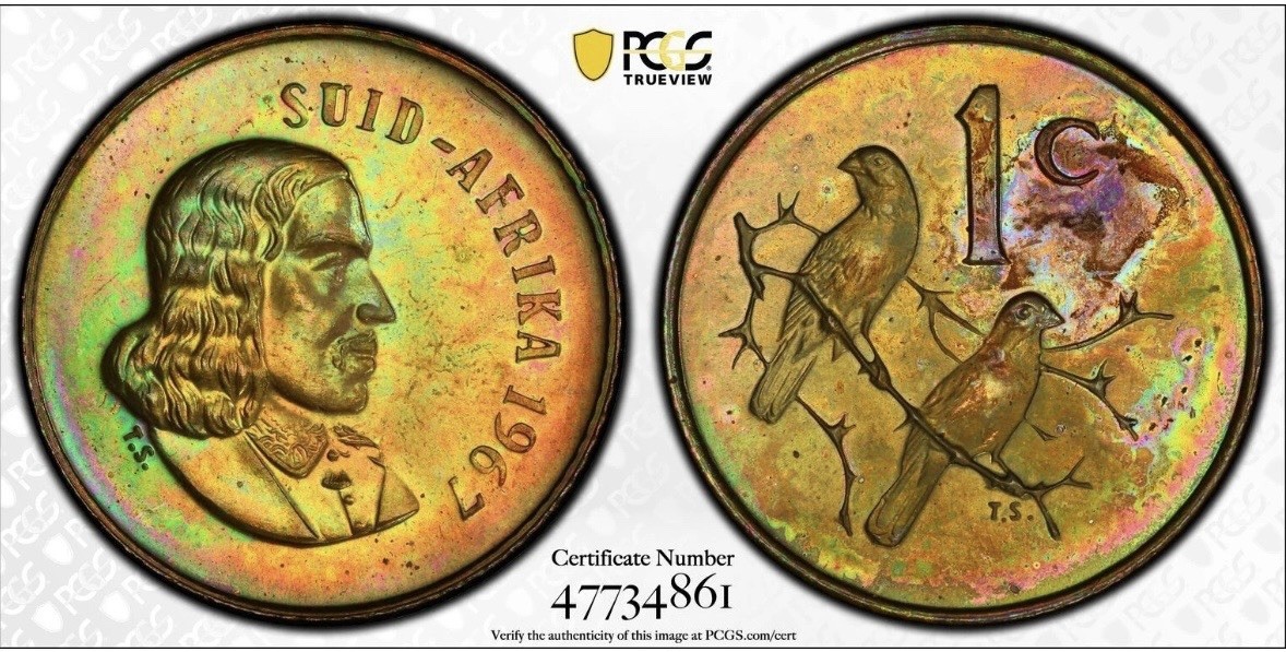 PR63BN 1967 1C South Africa 1 Cent Proof, PCGS Trueview- Rainbow Toned