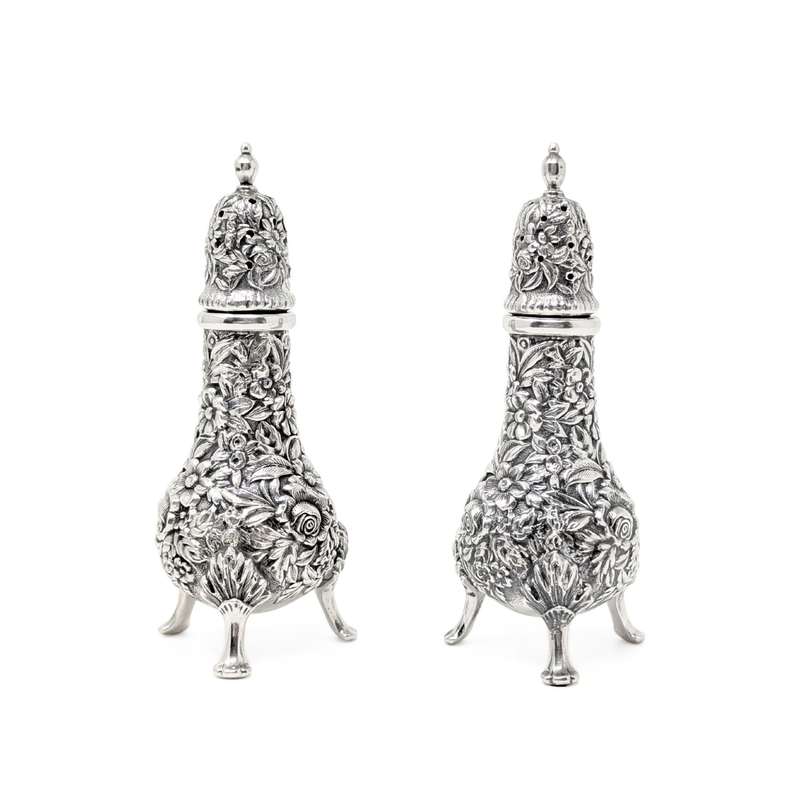 S. Kirk & Son Sterling Repousse Footed Salt & Pepper Shakers