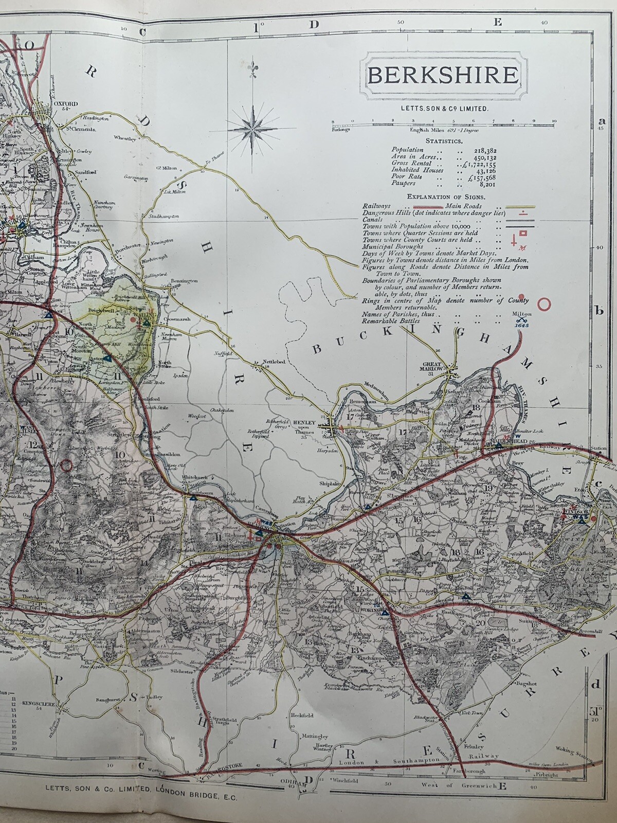 1884 Berkshire Original Antique Coloured County Map by Letts