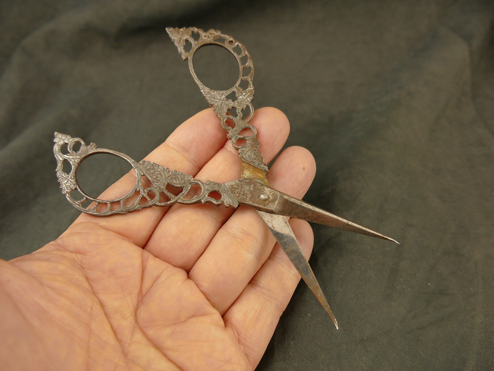 ANTIQUE ITALIAN PIERCED STEEL SCISSORS W/ BROCADE CASE TAOS ARTIST PROVENANCE