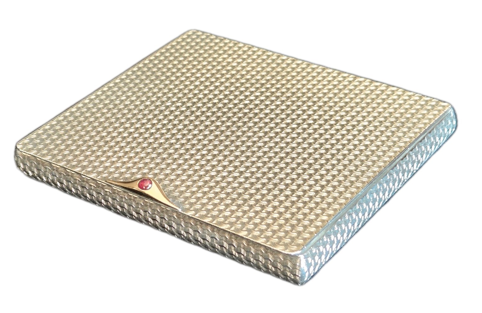 Asprey & Co Sterling Sllver Cigarette Case with 9ct Gold Inset a Cabochon Ruby