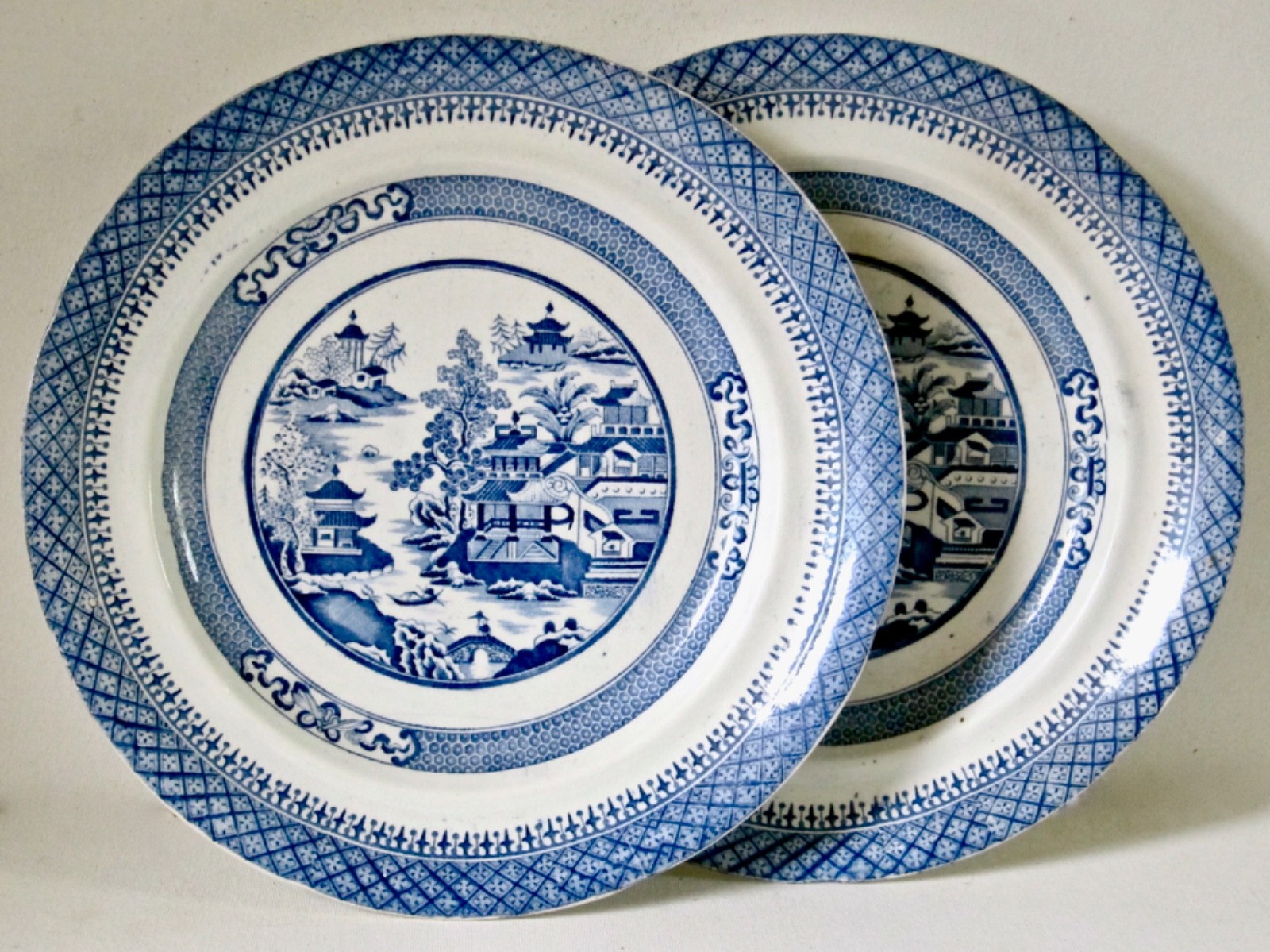 Pair (2) English Stone China Blue Pekin Nanking 10-1/4″ Dinner Plates c.1820