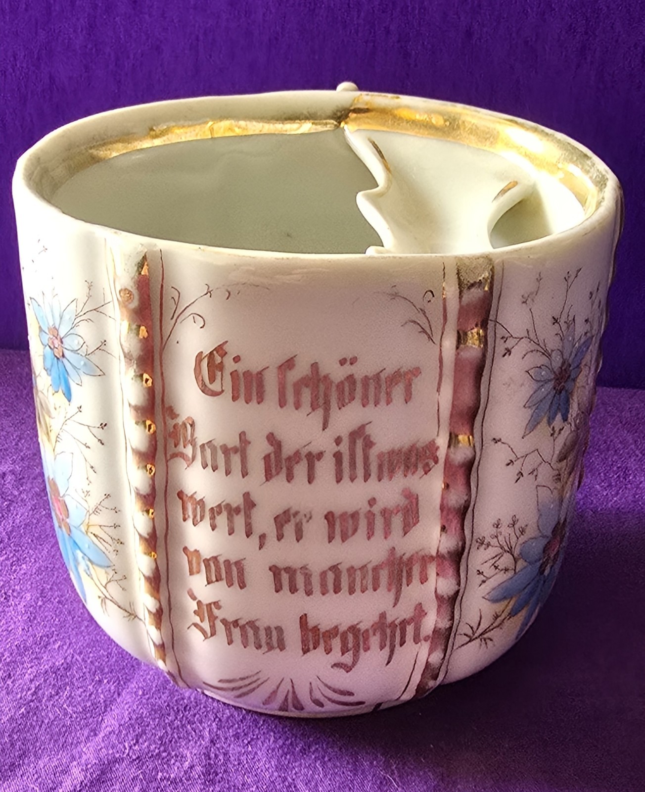 Antique German Mustache Cup Shaving Mug Floral Gilt Porcelain Verse