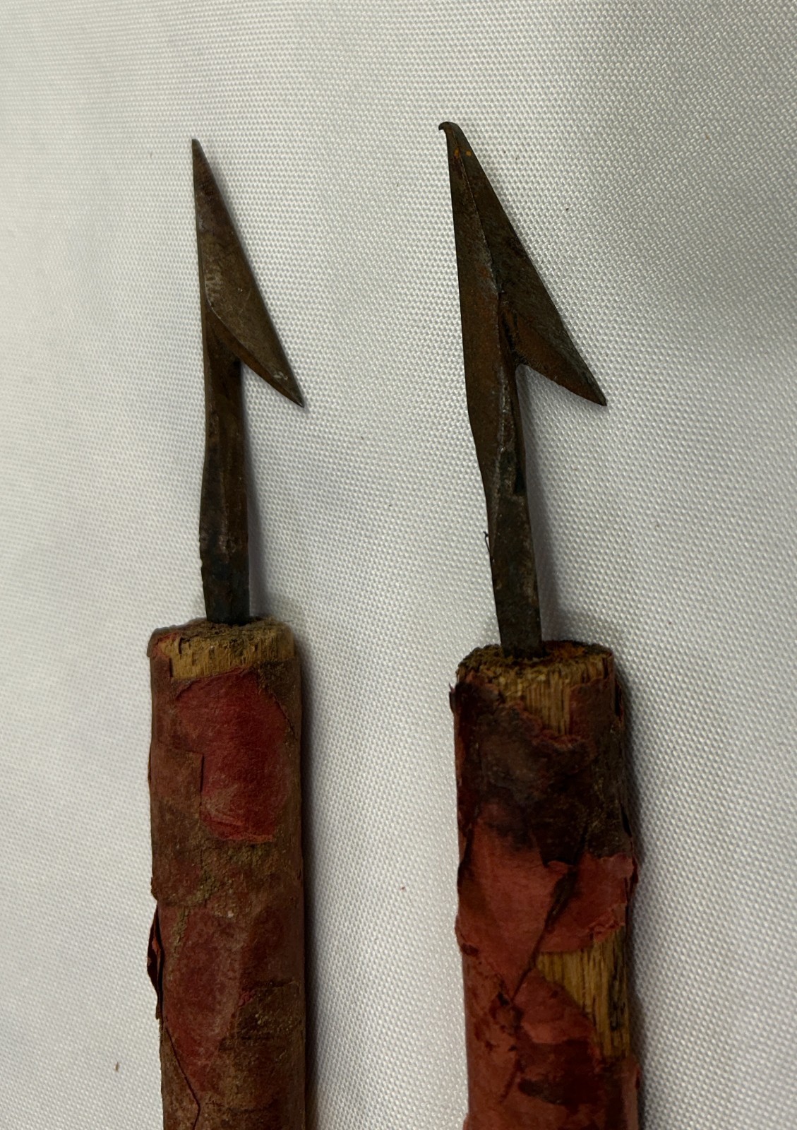 Antique Primitive Hand Forged Single Barb Fish Spear Harpoon Dart Pair 30″ Wood