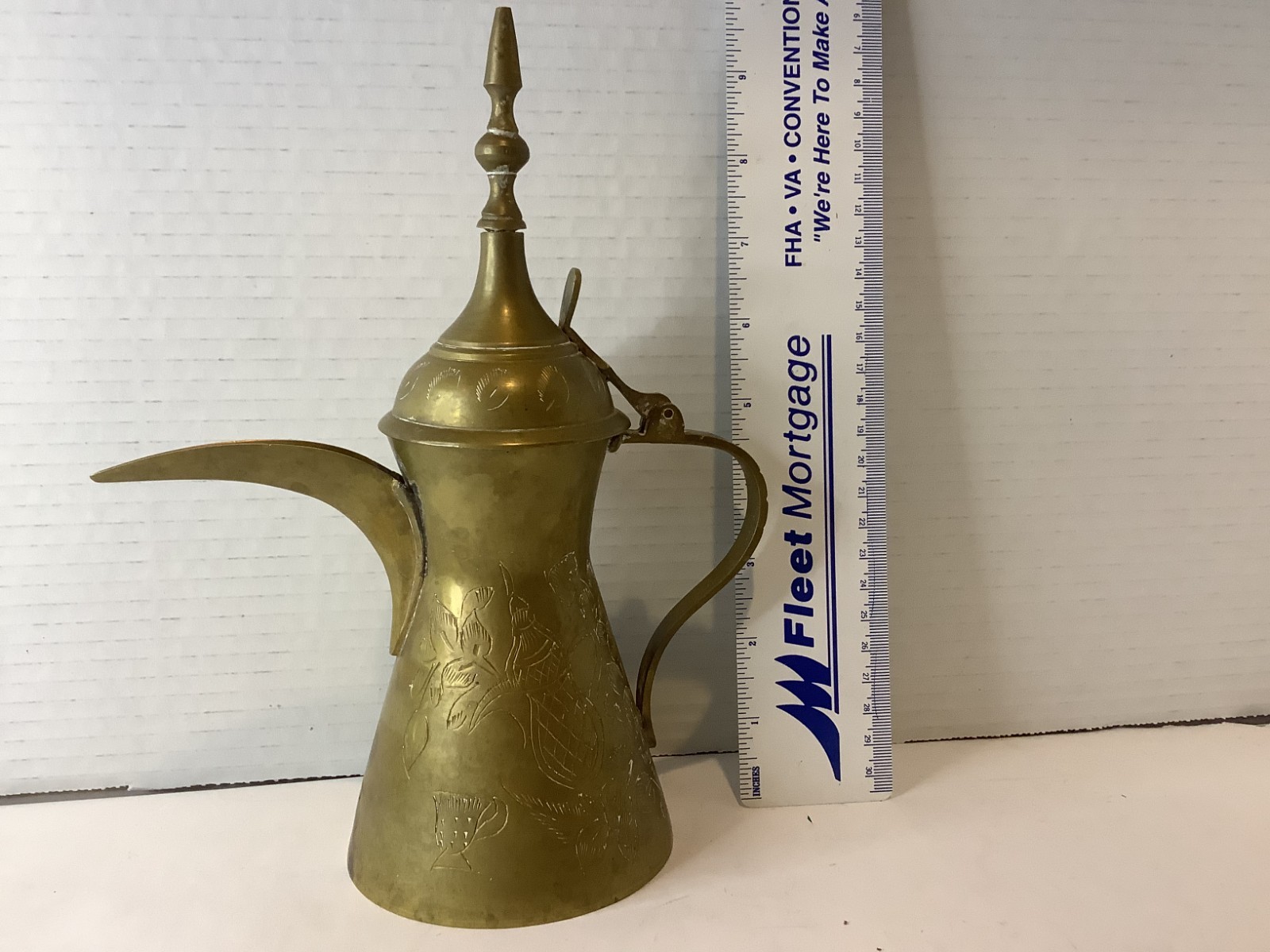 Dallah Coffee Tea Pot Saudi Arabia Etched Floral Swords Palm Vintage Brass