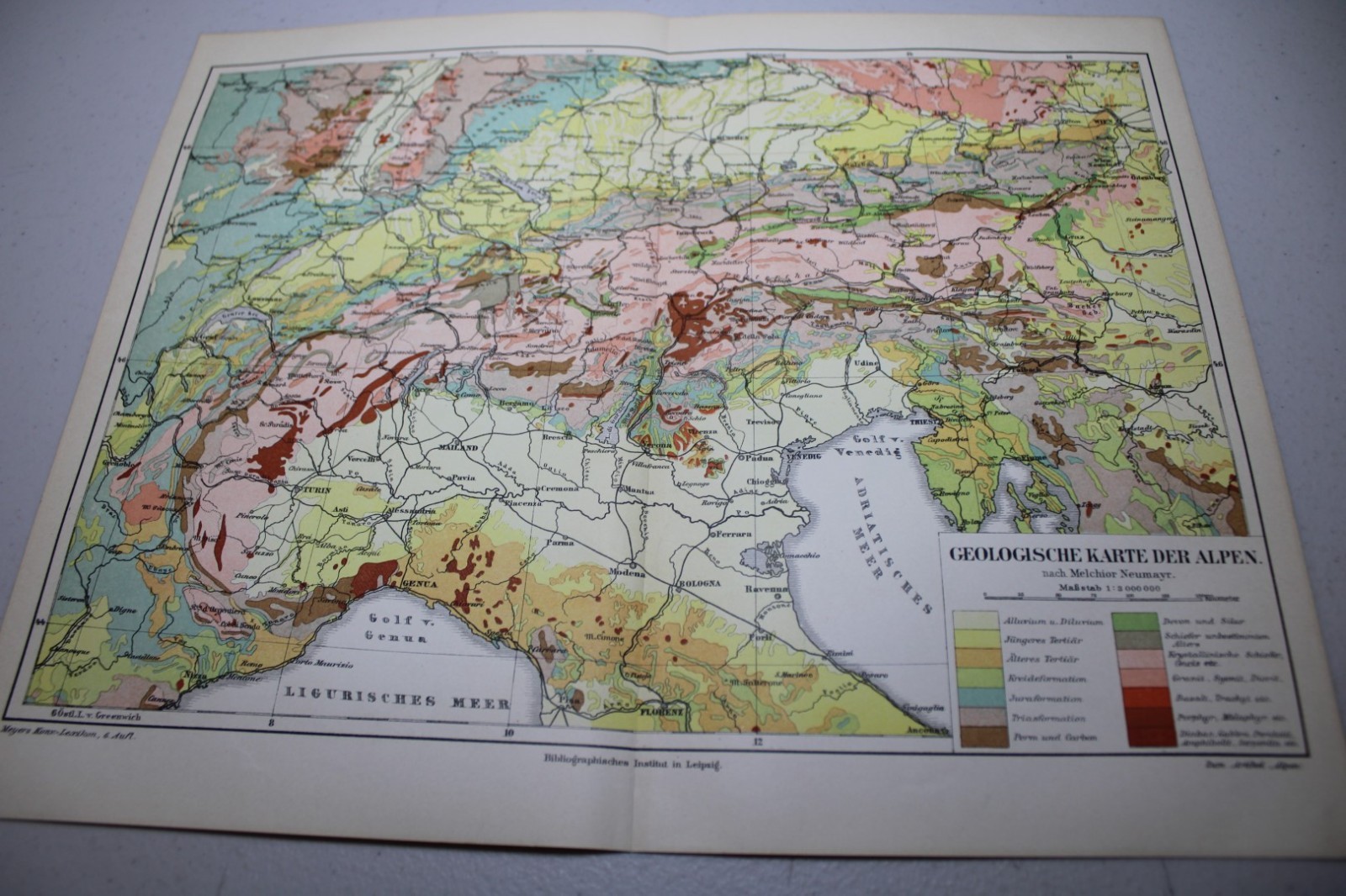 c1899 Meyers Universum COLOR Map ~ GEOLOGY OF THE EUROPEAN ALPS