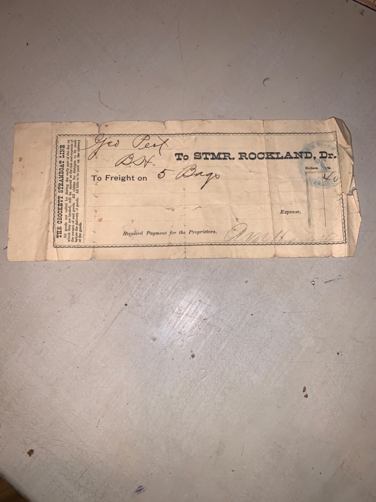 1897 Maine Penobscot Bay Receipt CROCKETT STEAMBOAT Steamer Rockland Blue Hill