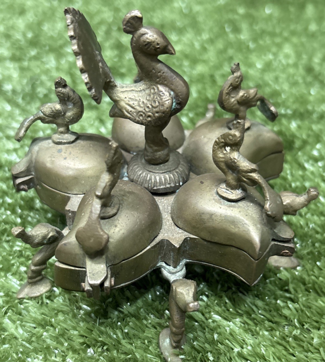 Vintage Indian Brass Spice Dish Covered Box Peacock Decoration