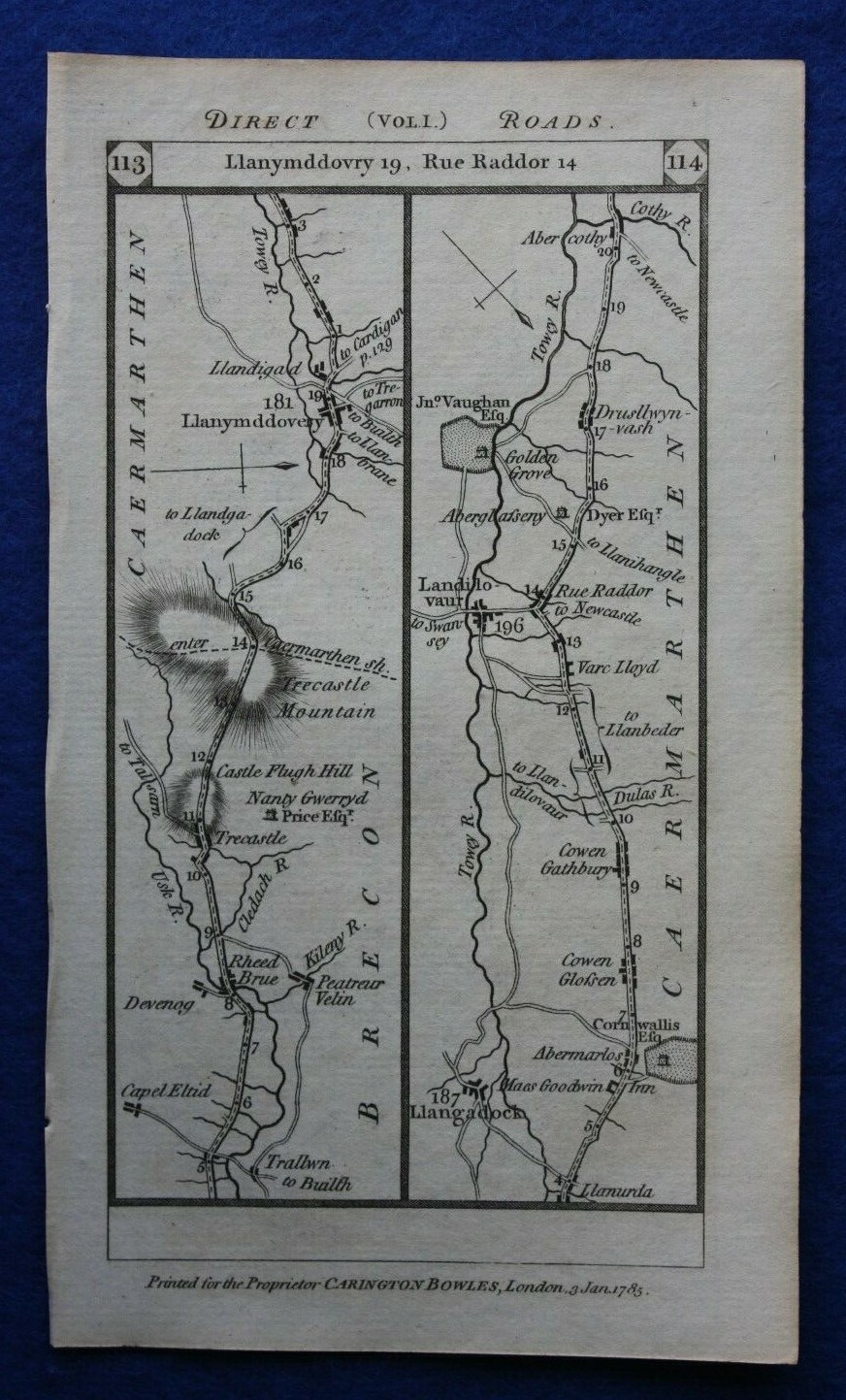 Original antique road map BRECON, CARMARTHEN, PEMBROKESHIRE, Paterson 1785