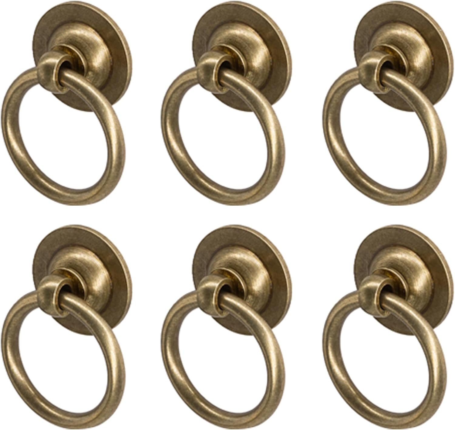 6 Pack Solid Brass Cabinet Ring Pulls, Antique Drawer Circle Pulls Dresser Handl
