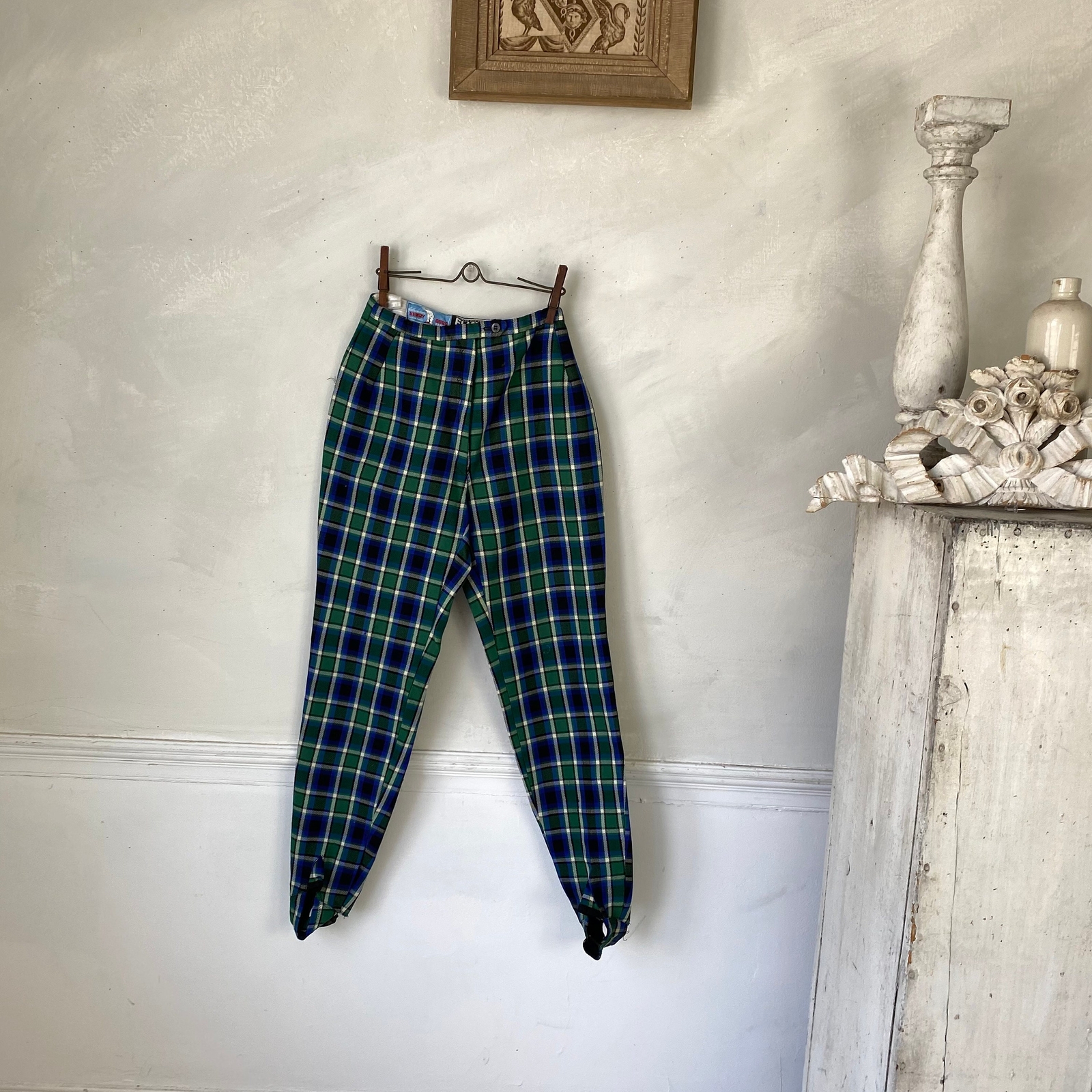 Henry Ours Paris Plaid Wool Polyester Pants 1960s Stirrup Pants Green and Blue
