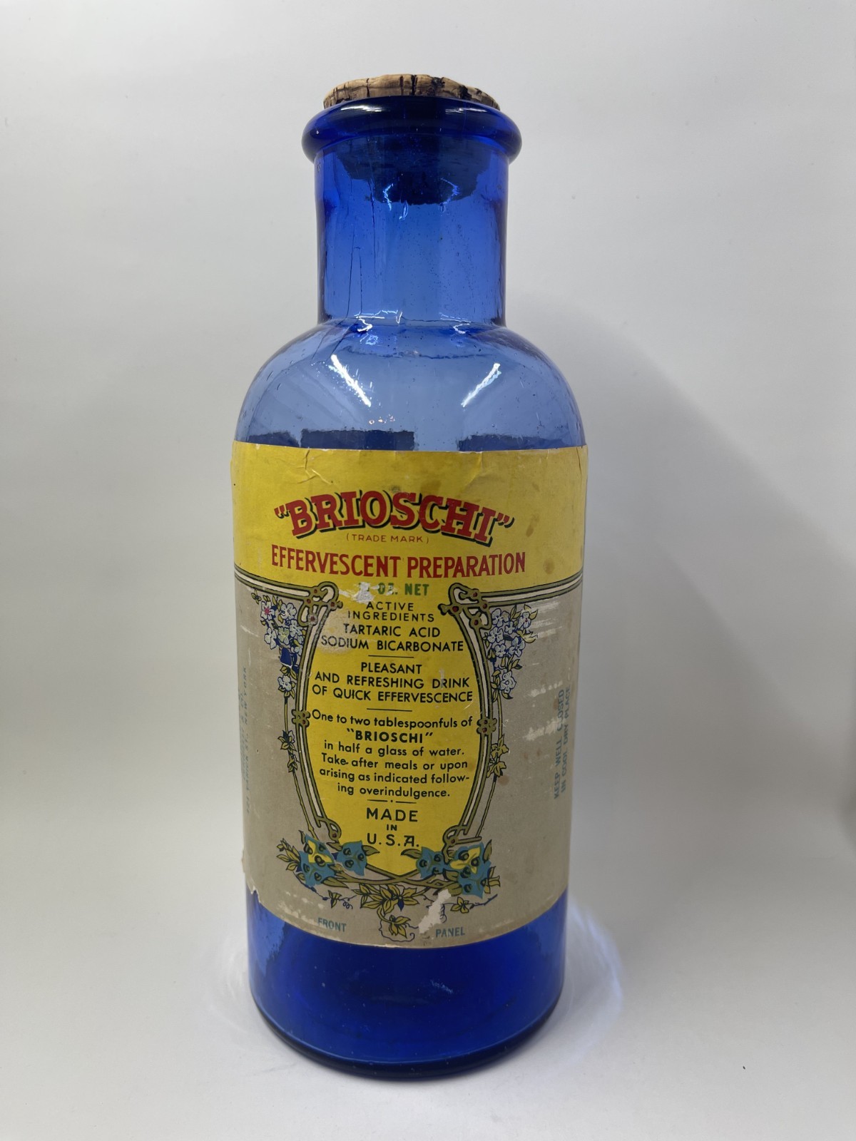 BRIOSCHI Antique Pharmacy Medicine Bottle Original Paper Label & Cork