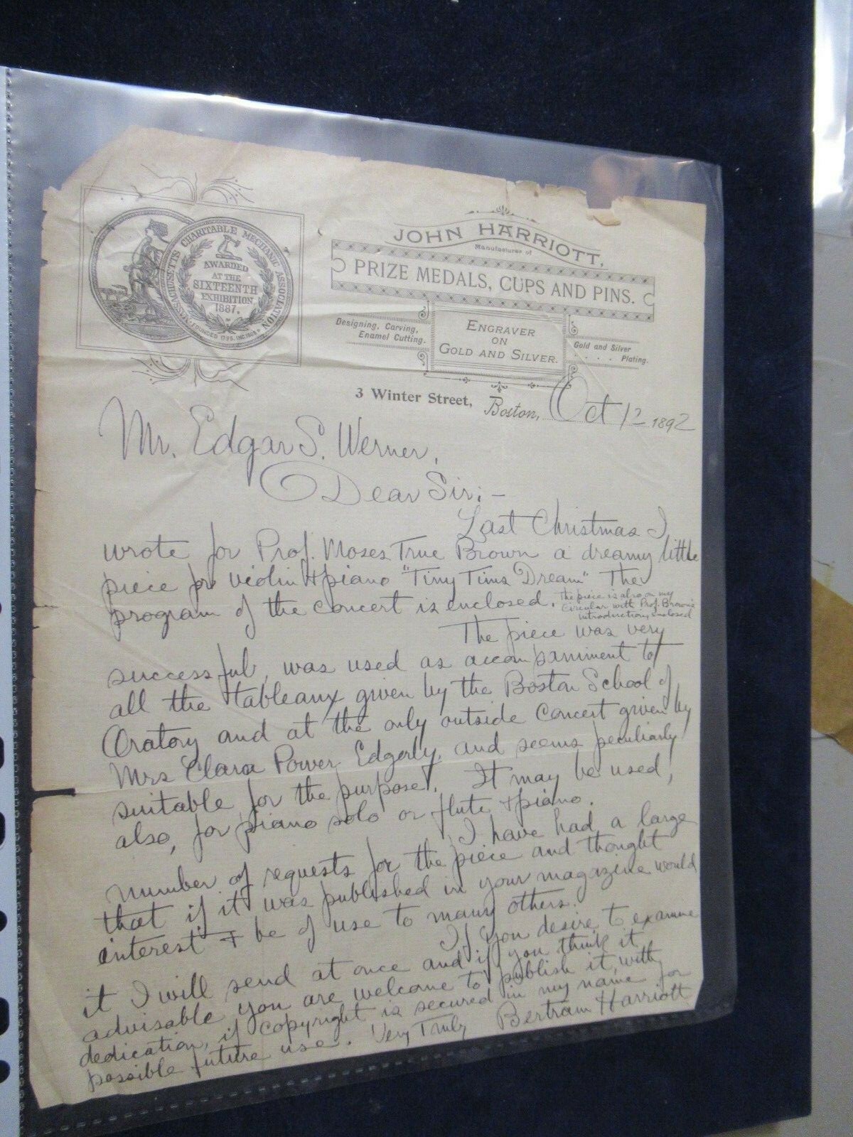 1892 Manuscript from Bertram Harriott to Edgar Werner, “Tiny Tinus Dream” Song