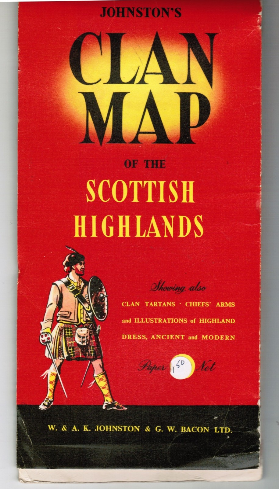 JOHNSTON’s CLAN MAP of the SCOTTISH HIGHLANDS. 1956 PRINTING, UNOPENED