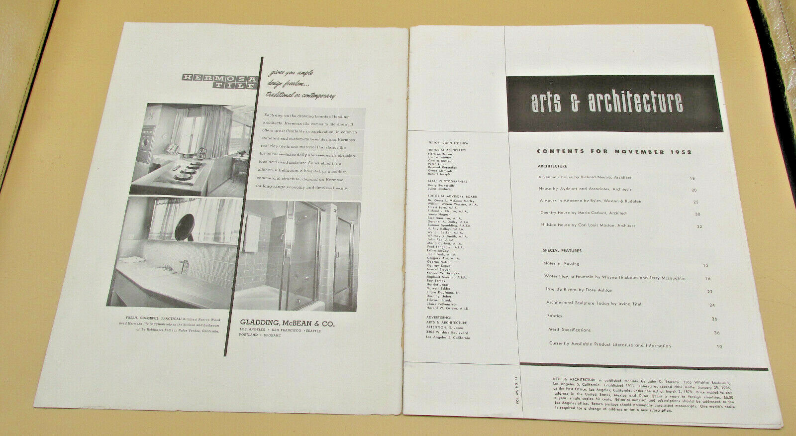Original Issue Arts & Architecture Magazine November 1952 Loose Pages