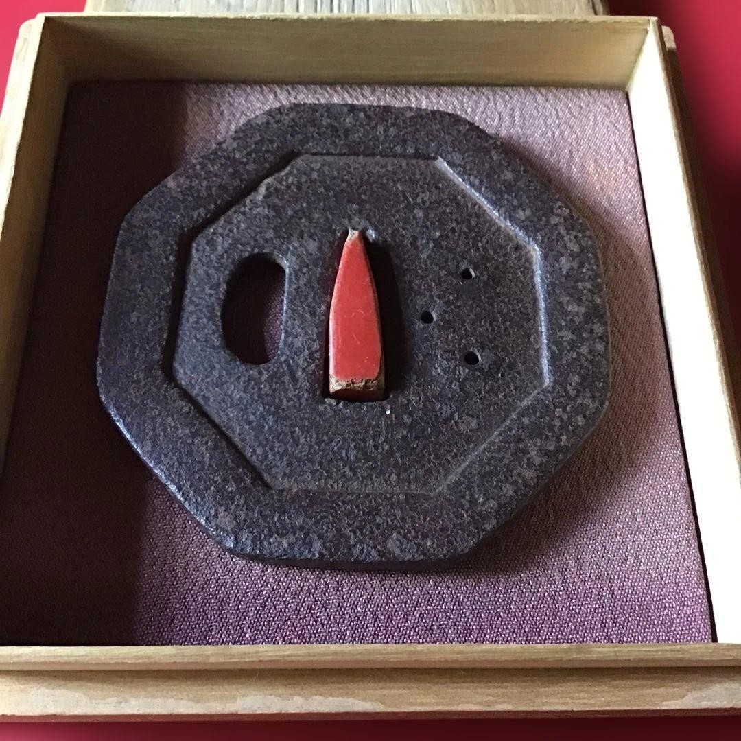 MUROMACHI Three-Hole Design Octagonal Tsuba Iron Boxed