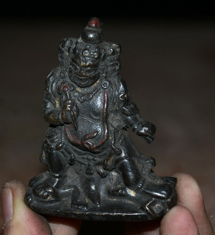 6CM Old Tibetan Bronze 3 Head Mahakala Wrathful Deity Pendants Statue Sculpture