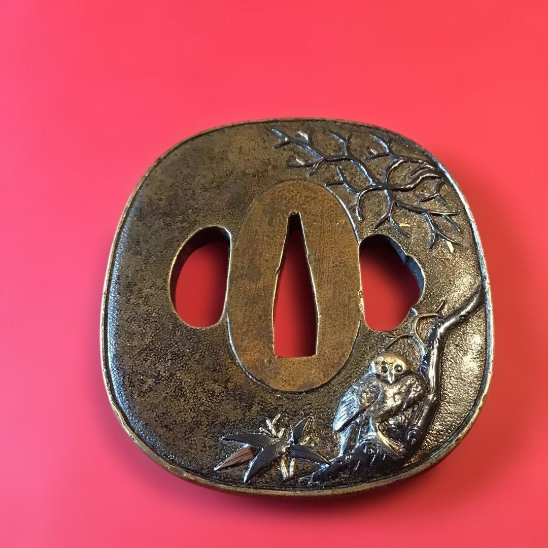 Copper Tsuba Owl Design Silver High Relief Inlay Box 67mm