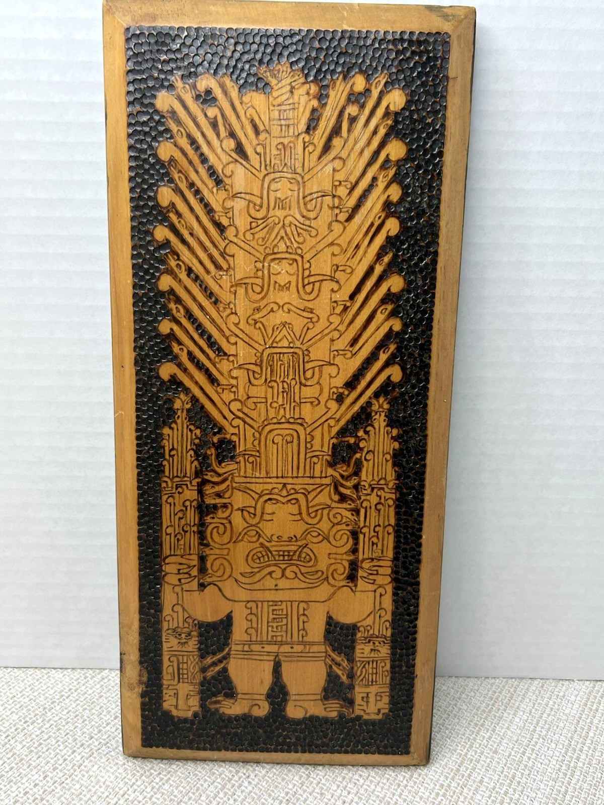 Vtg Wooden Hand Carved Art Panel Mayan Inca Diety Snakes Wall Decor 13 3/4″x 6″