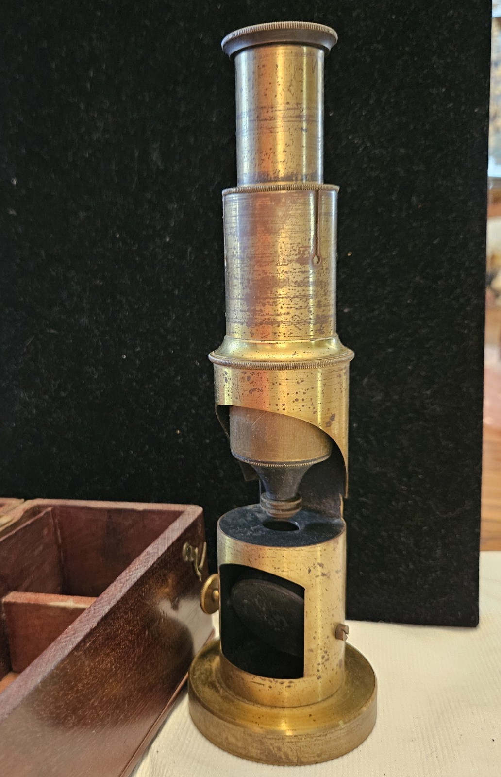 Antique Brass Field Microscope Mid 1800’s Simple Style Wood Box Glass Len Intact