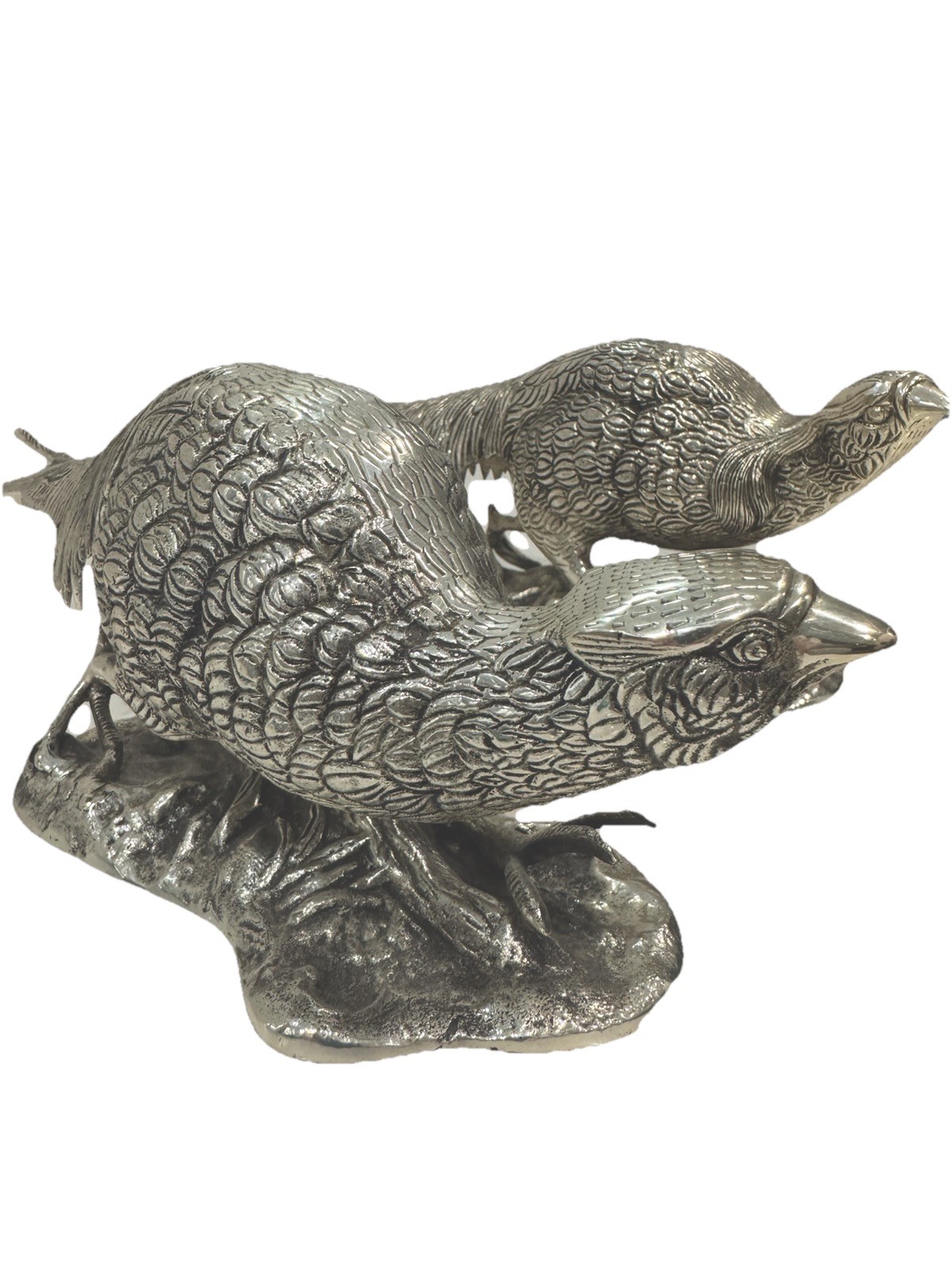 Pair Antique Victorian Silver Plated Bronze Pheasants Table Ornaments/Sculptures