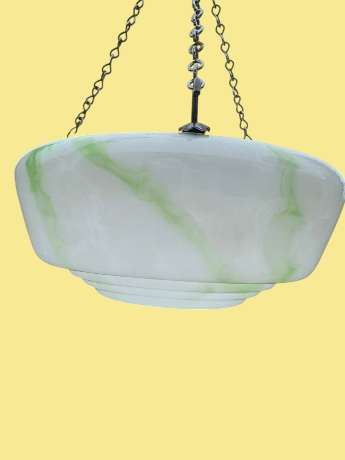Art Deco 1930s Large Ceiling Plaffonier Flycatcher Shade Lamp Green & White