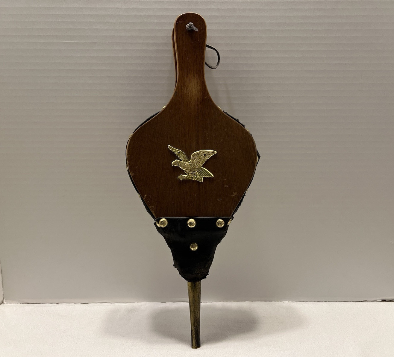 Vtg MCM Fireplace Hand Pump Fan Wood Leather Brass Fire Starter Bellow Blower