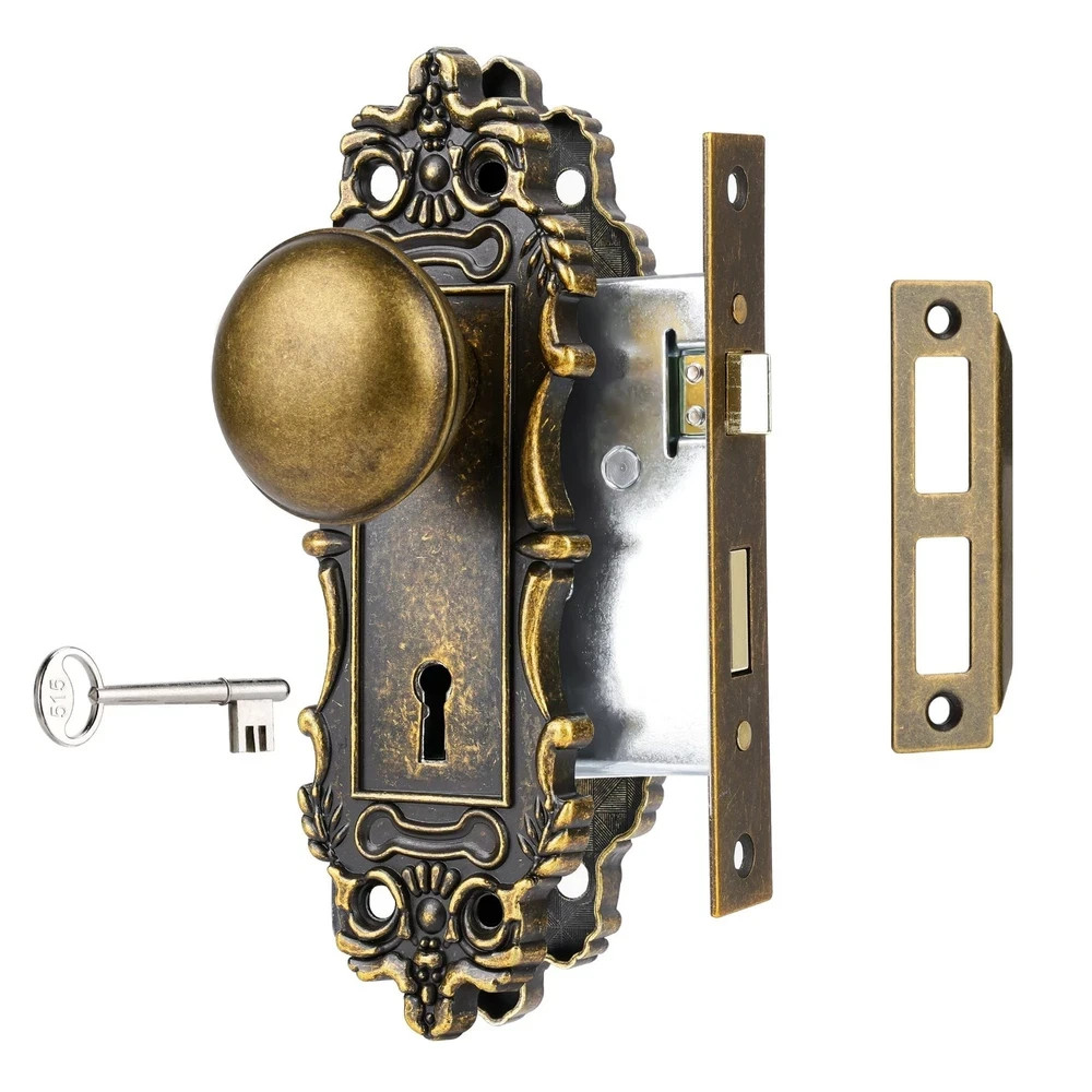 Mortise Lock Set for Interior Door, Antique Brass Door Knob with Lock and Ske…